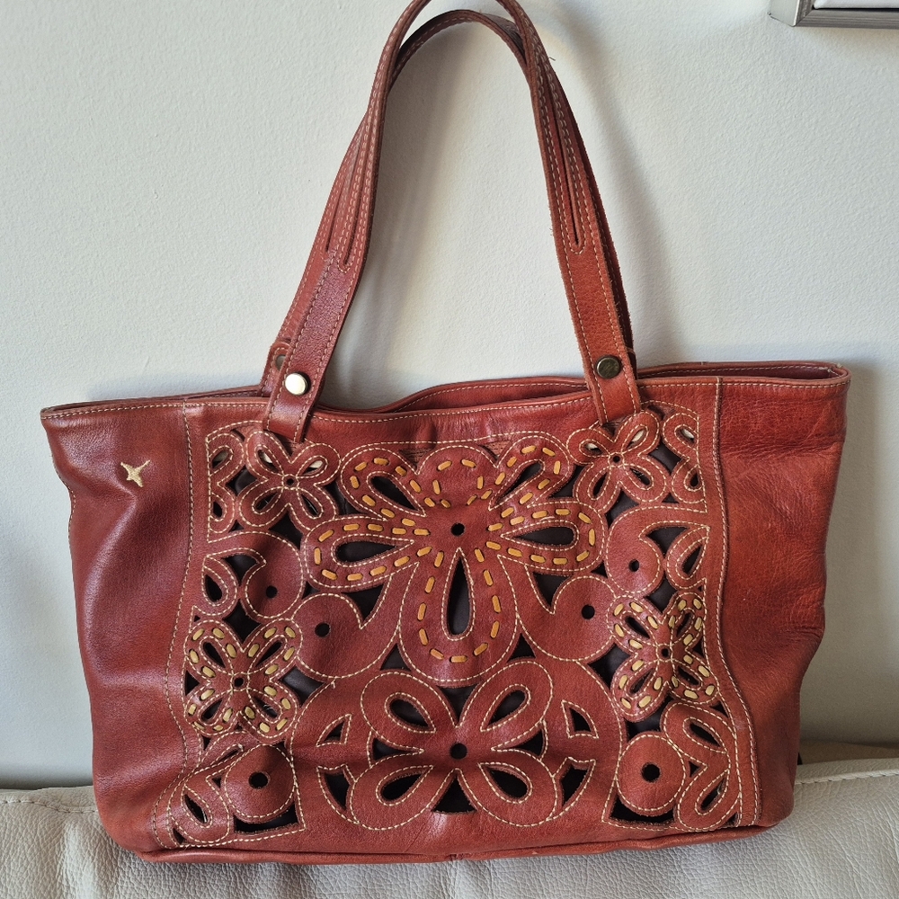 Pikolinos Leather Floral Cutout Tote Boho Shoulder Bag Brown Rust